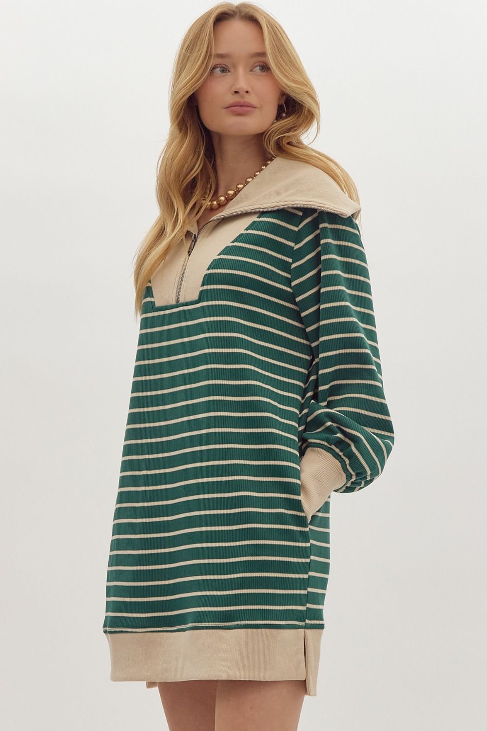 Green Stripe Ribbed Half Zip Over Sized Collar Dress