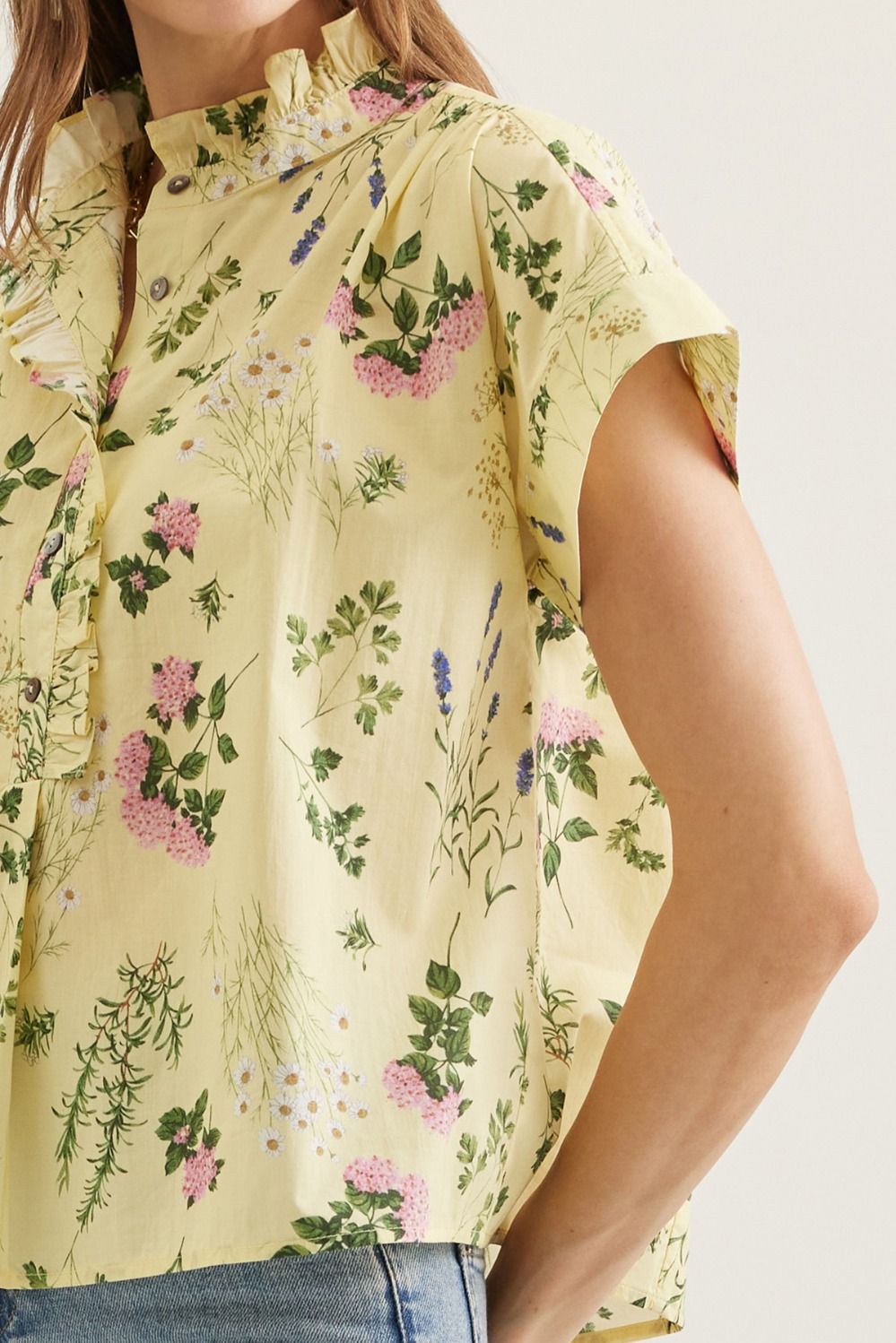 Yellow Floral Ruffle Trim Top