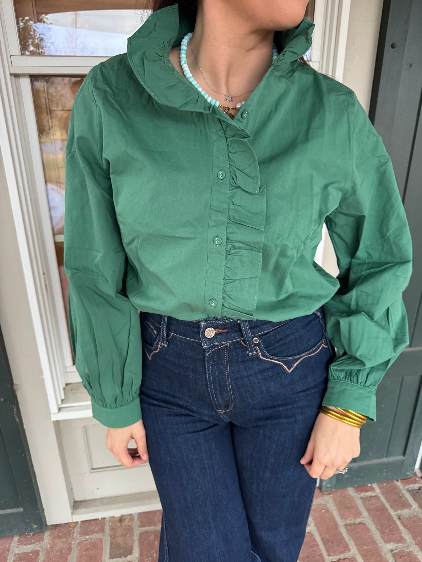 Pine Green Ruffle Neck Top