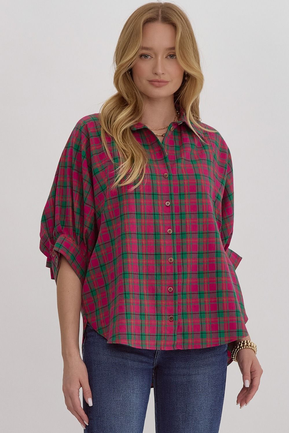 Magenta Plaid Button Down Dolman Top