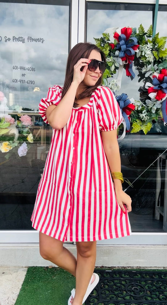 Red Stripe Denim Button Down Dress