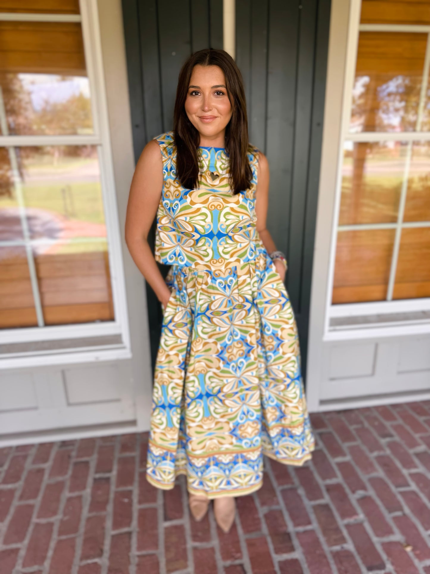 Blue Printed Woven Skirt Set