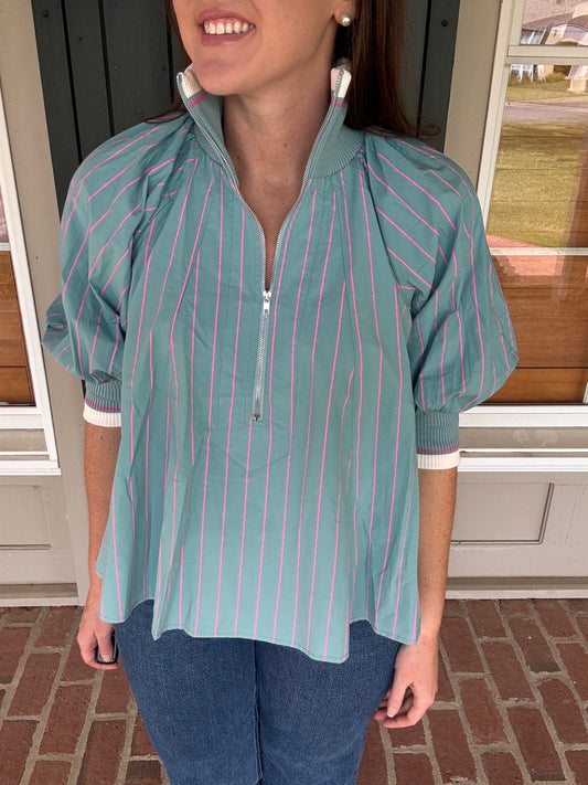 Mint Half Zip Puff Sleeve Top