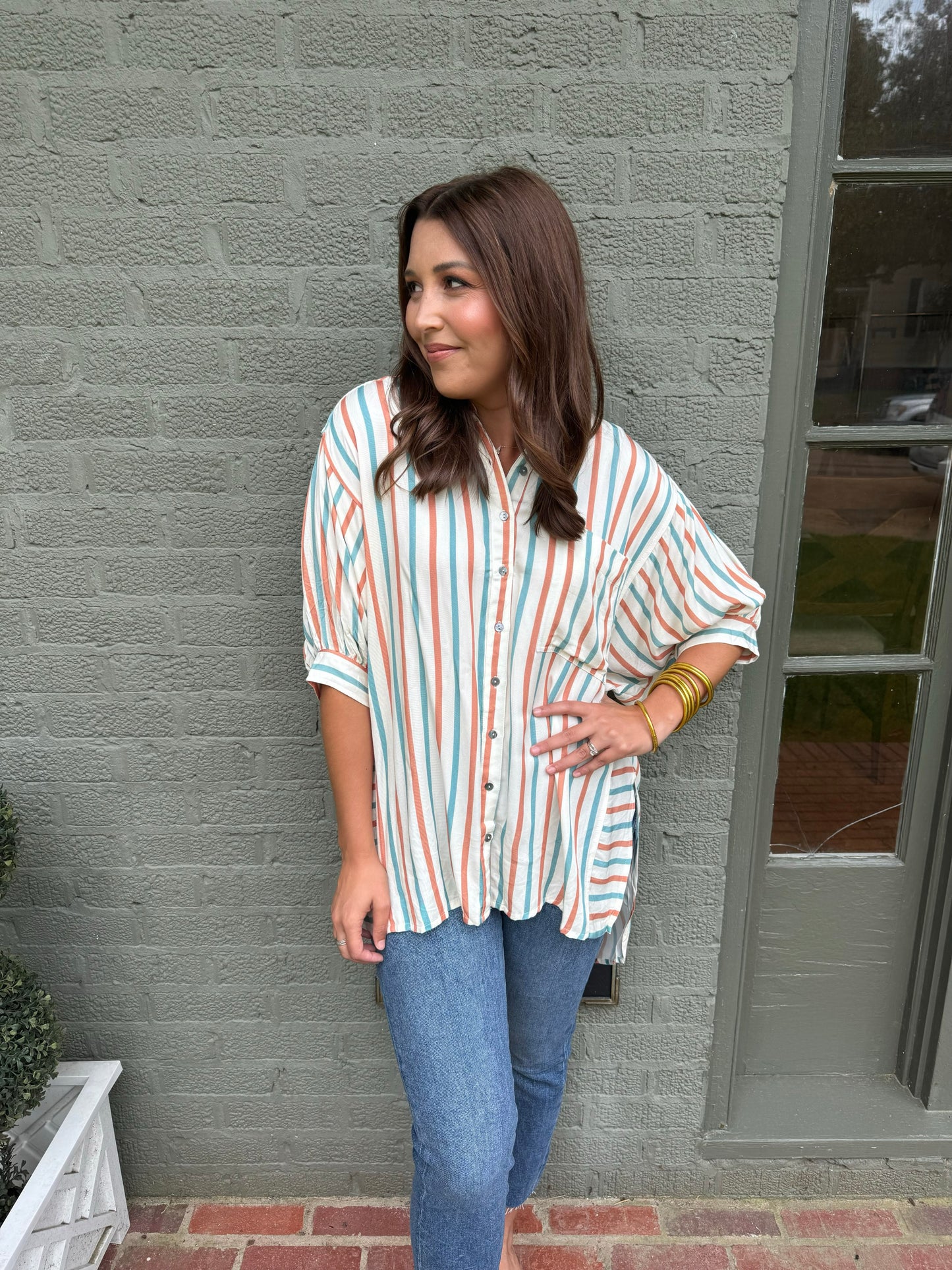 Blue and Rust Stiped Dolman Top