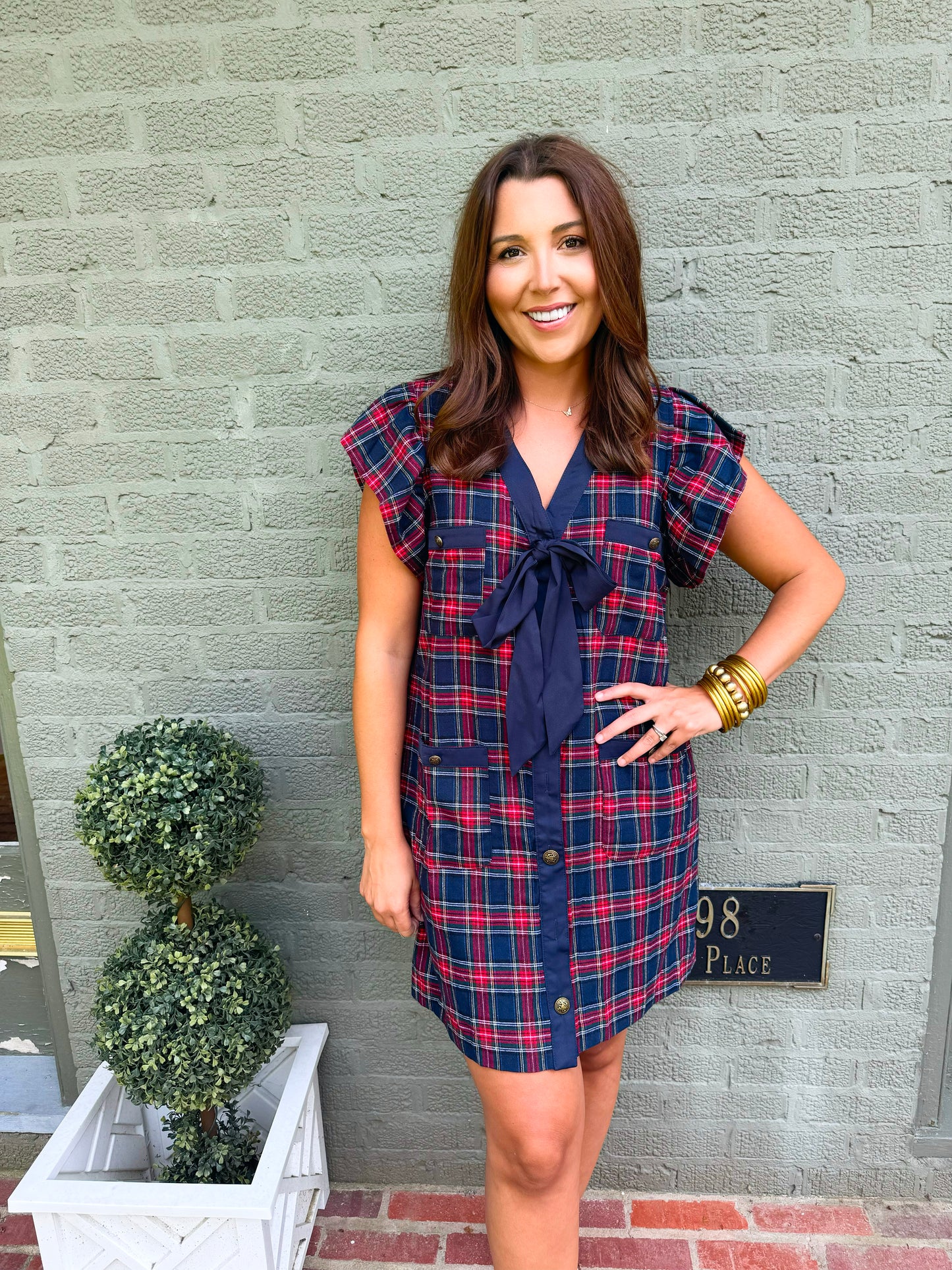 Navy Tartan Ruffle Sleeve Dress