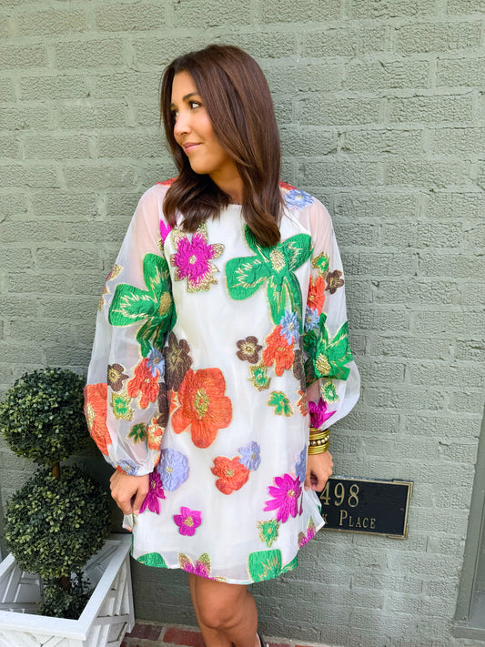 Creme Multicolor Bubble Sleeve Embroidered Floral Dress