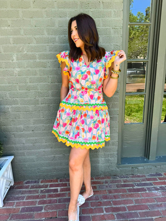 Pink Floral Ric Rac Trim Dress