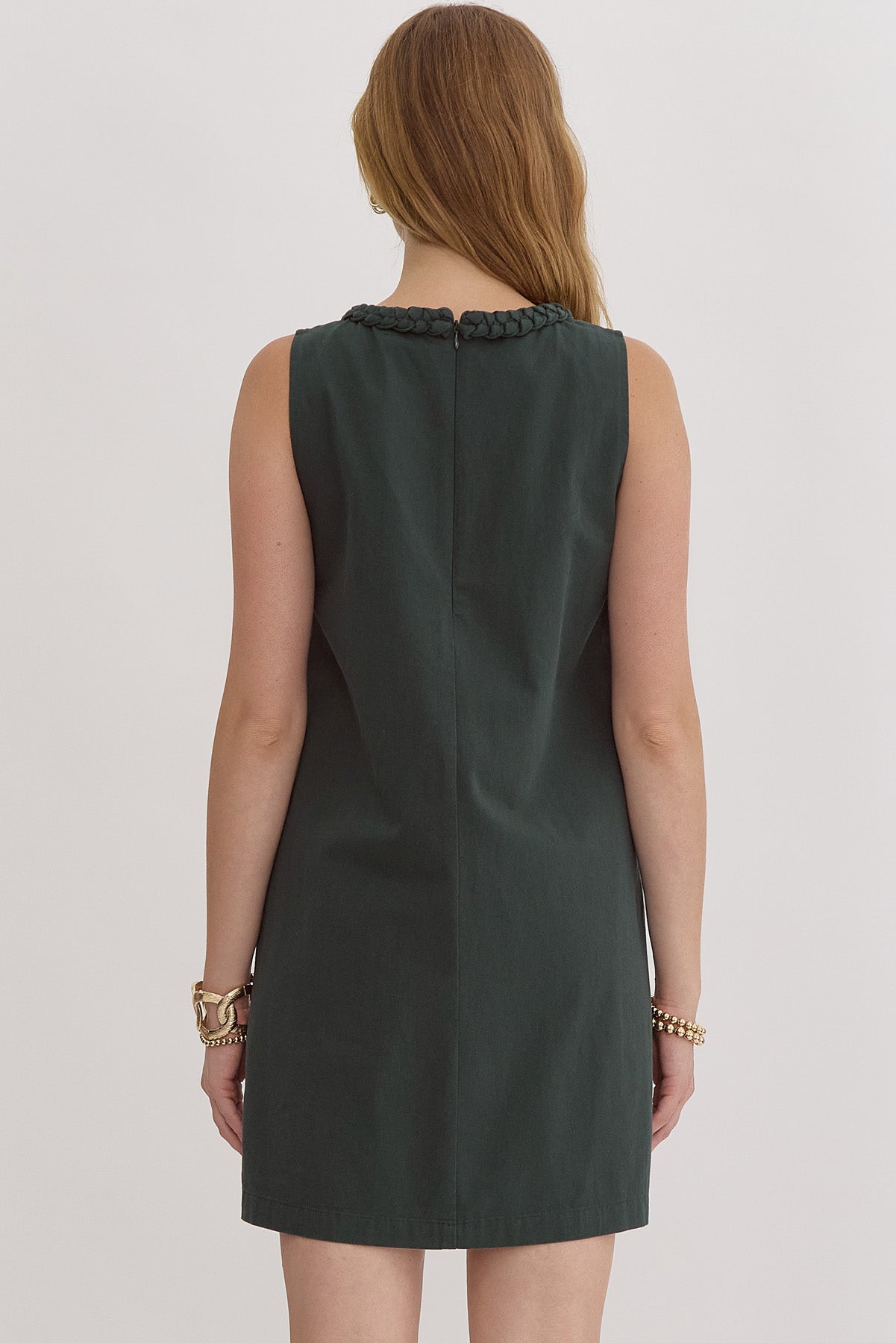 Hunter Green Braided Neck and Pocket Detail Dress