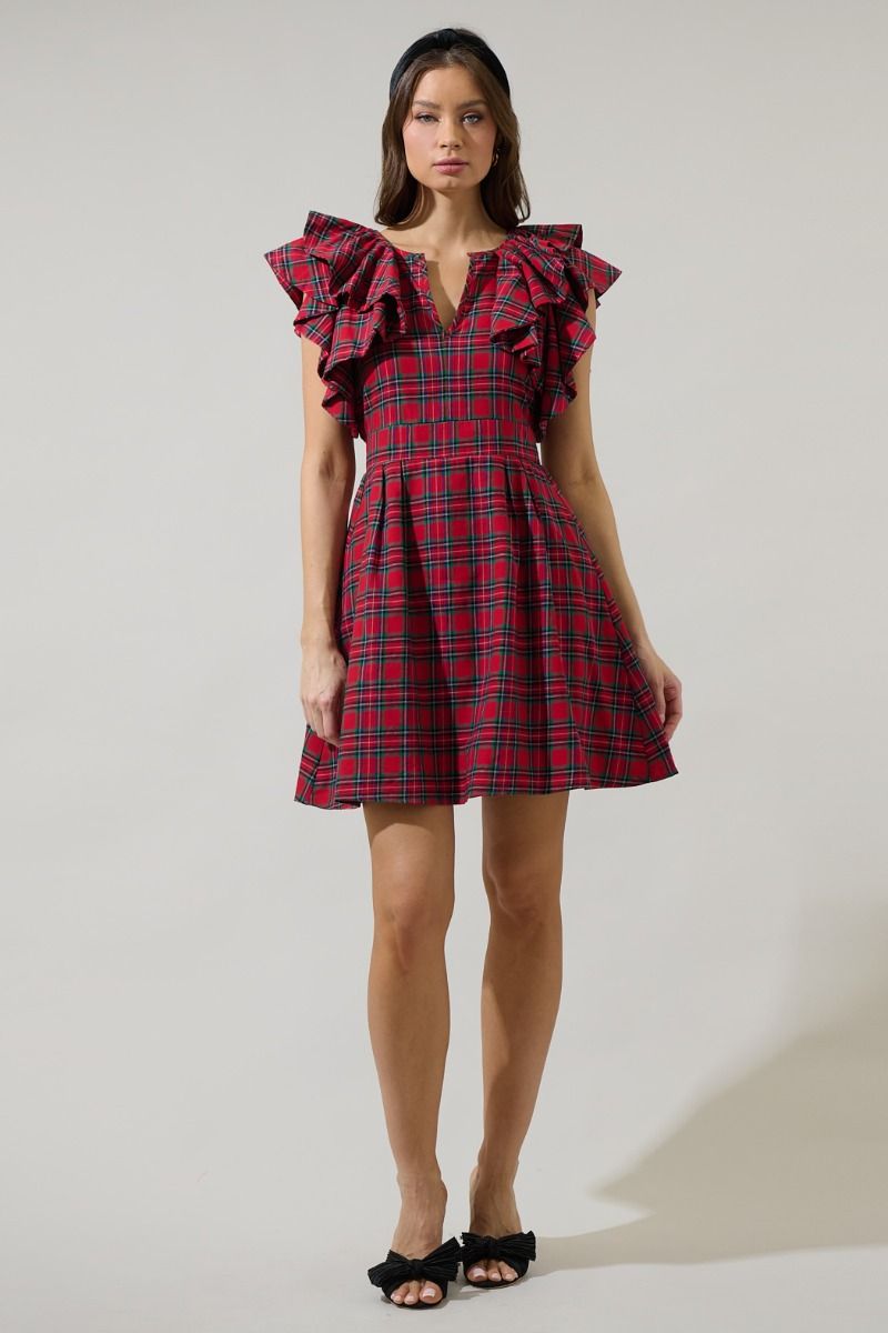 Red Plaid Ruffle Sleeve Dress
