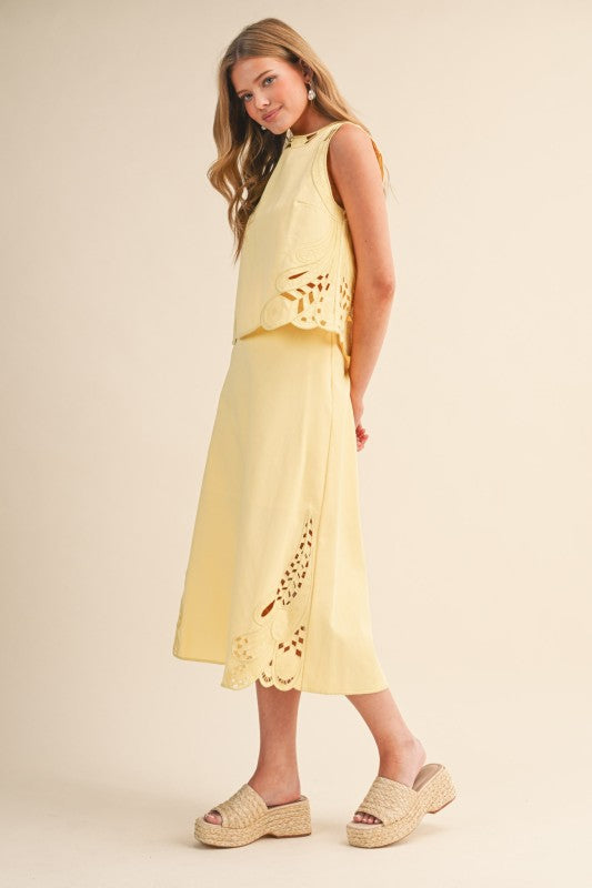 Yellow Embroidered Cut Out Midi Skirt Set