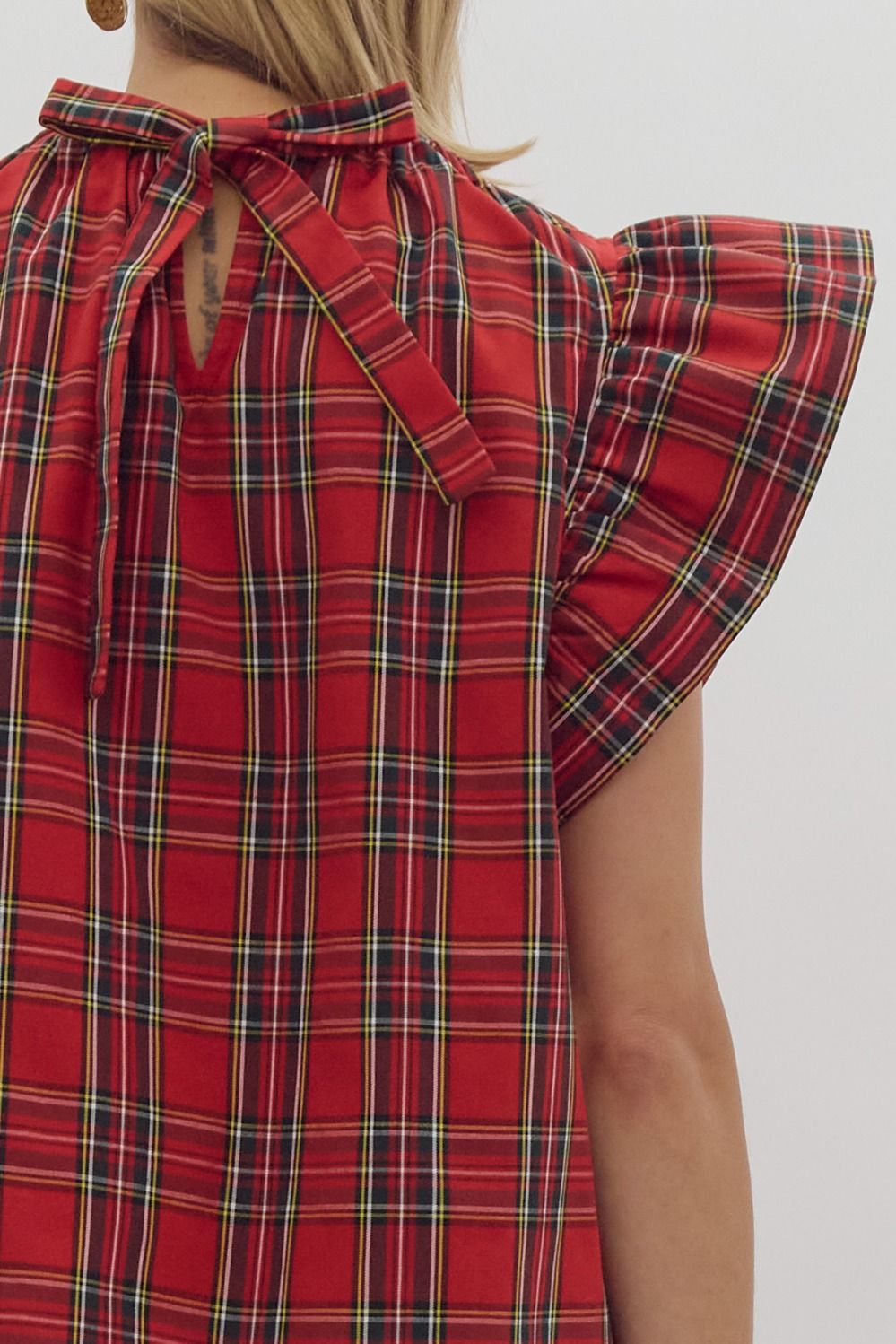 Red Tartan Ruffle Sleeve Top