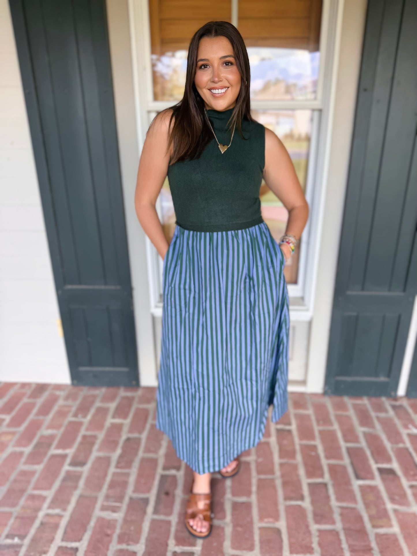 Green Fitted Bodice Striped Midi Dress
