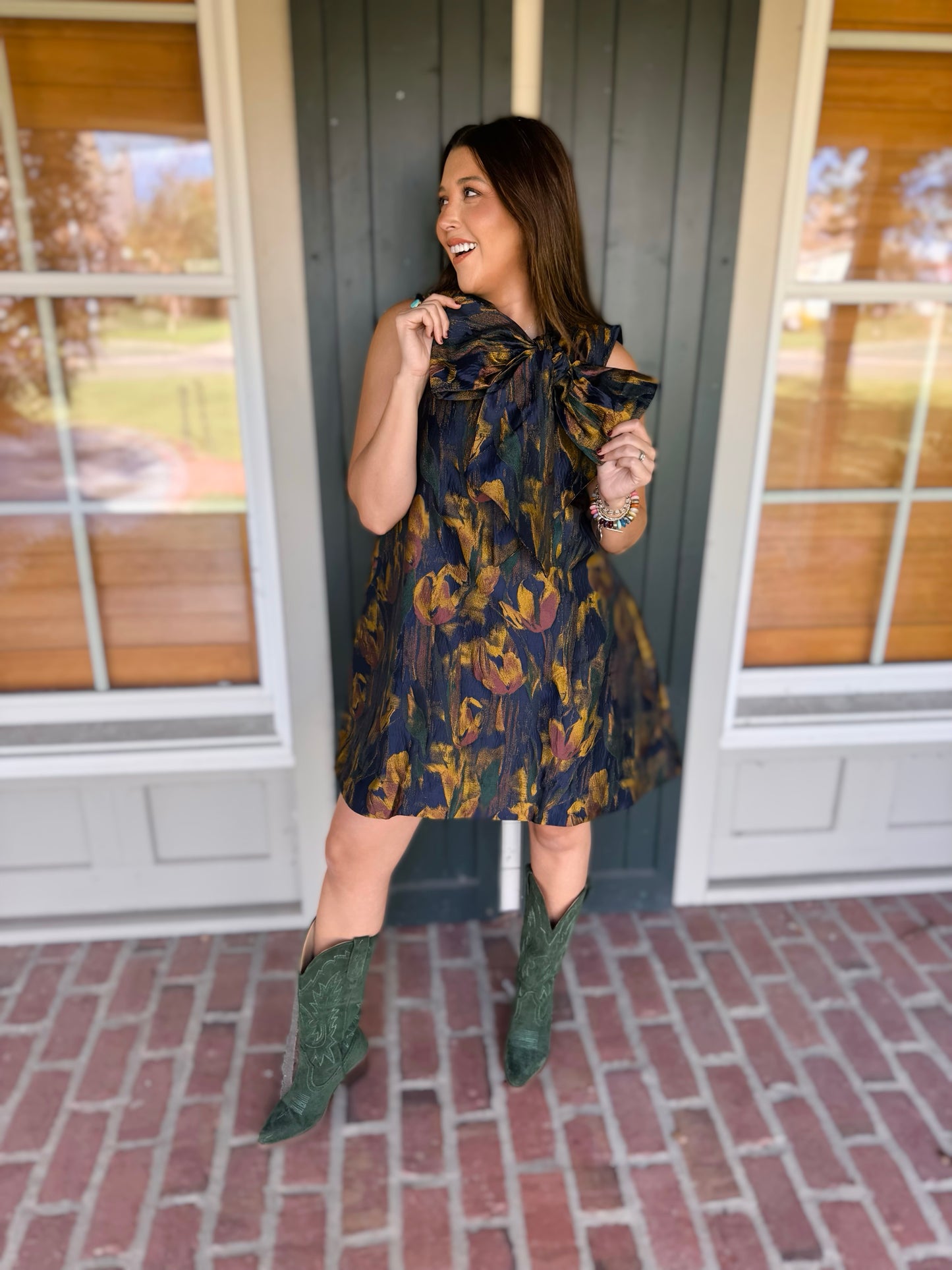 Mustard/Green Jacquard Tie Neck Sleeveless Dress