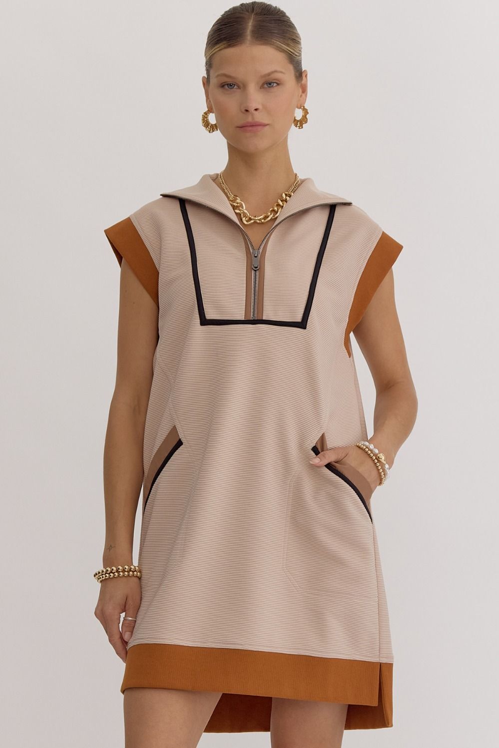 Light Mocha Textured Half Zip Dress