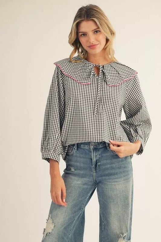 Black Gingham Statement Collar Top