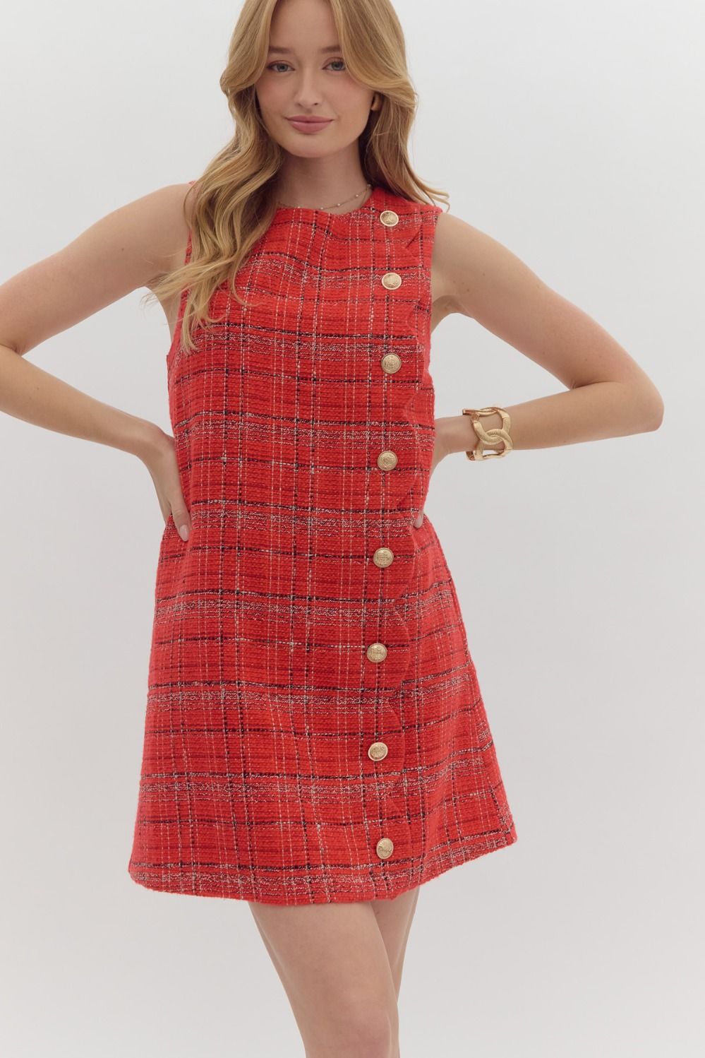 Red Tweed Scallop Detail Dress