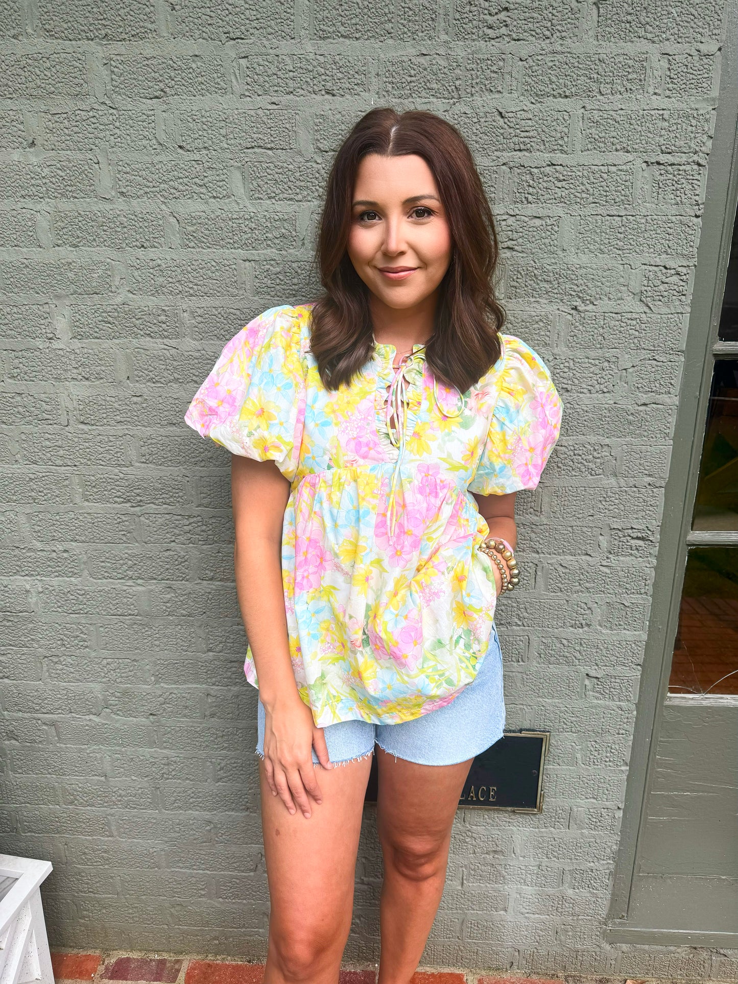 Yellow Multi Floral Scalloped Trim Neck Top