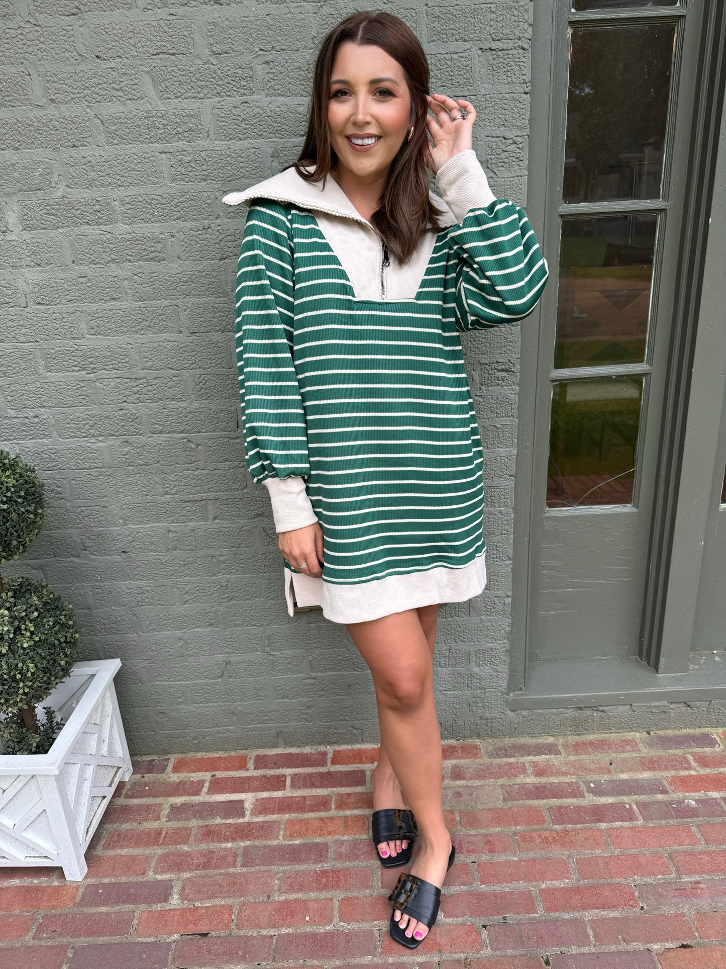 Green Stripe Ribbed Half Zip Over Sized Collar Dress