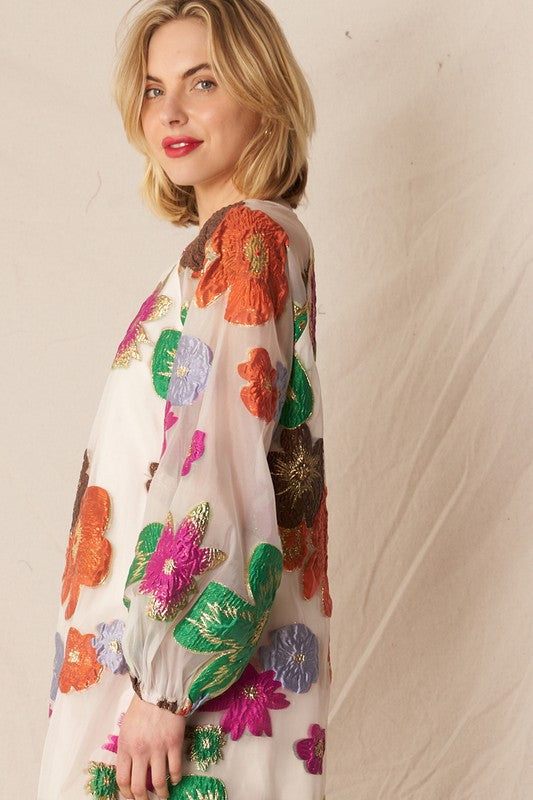 Creme Multicolor Bubble Sleeve Embroidered Floral Dress