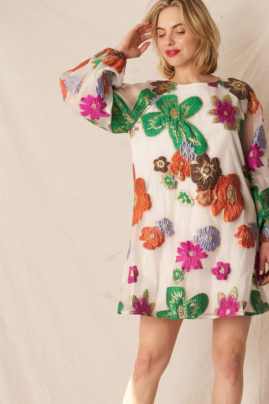 Creme Multicolor Bubble Sleeve Embroidered Floral Dress