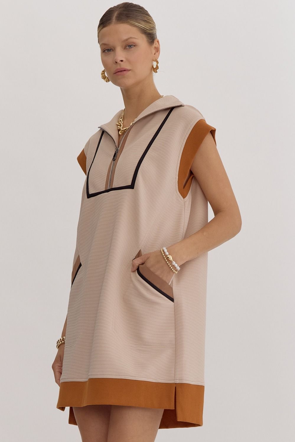 Light Mocha Textured Half Zip Dress