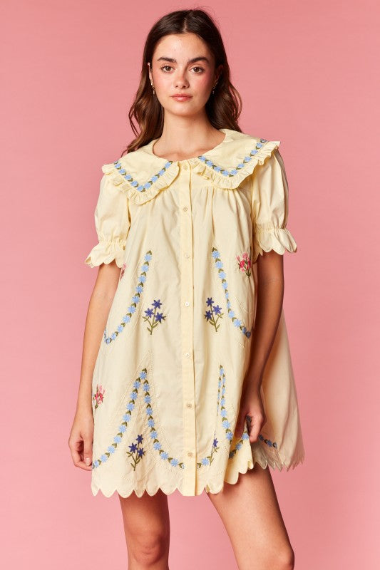 Yellow Floral Embroidered Scallop Hem Dress