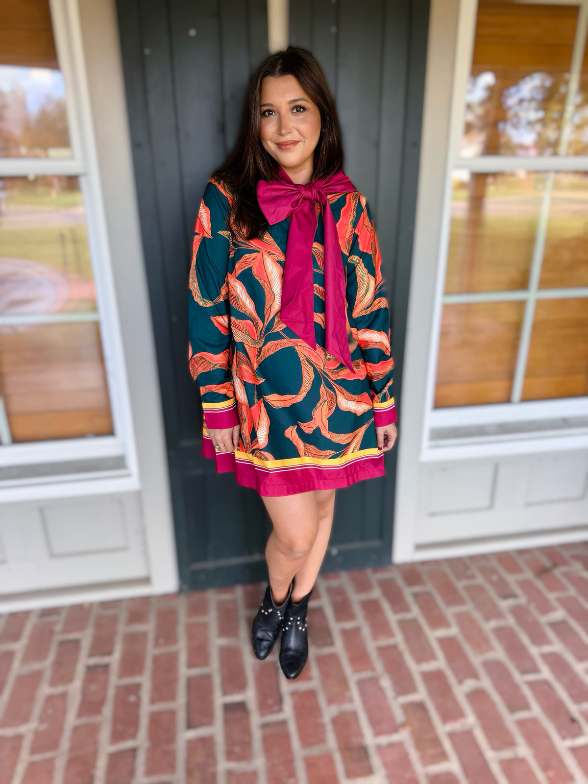 Hunter Green Tie Bow Long Sleeve Dress