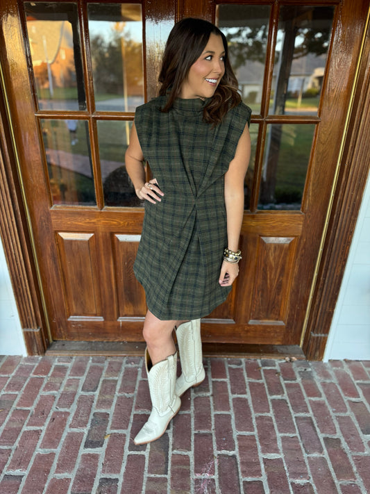 Olive High Neck Sleeveless Plaid Dress