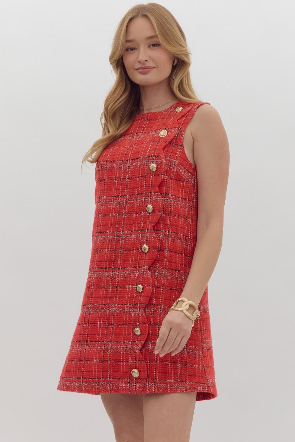 Red Tweed Scallop Detail Dress