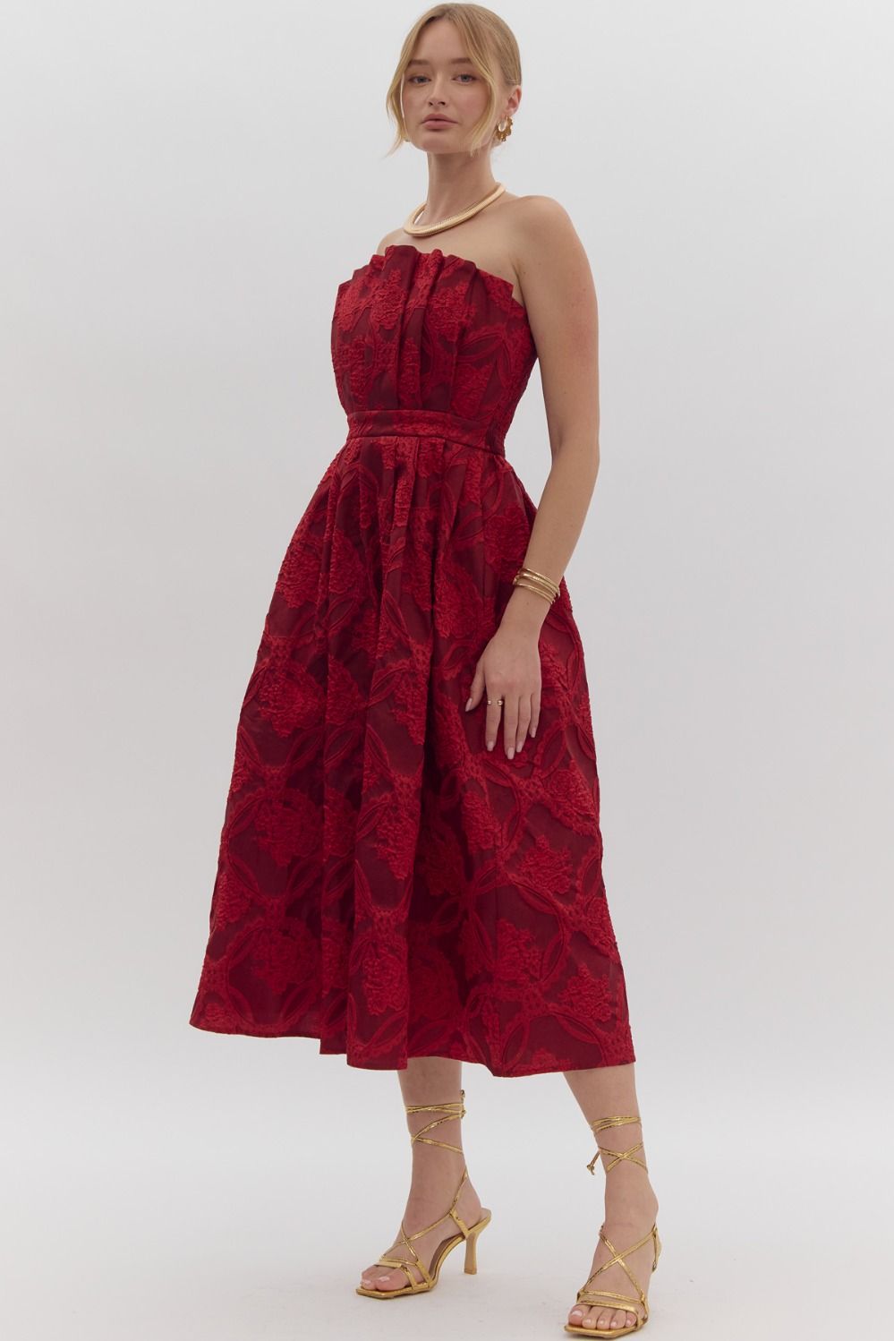 Ruby Strapless Embroidered Pleated Midi Dress