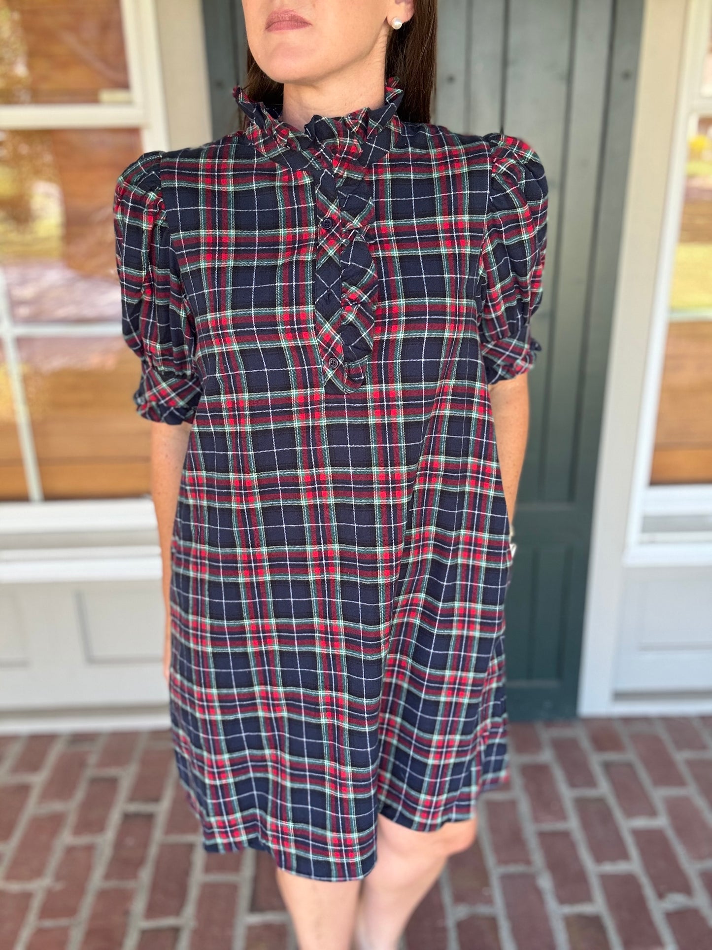 Navy Tartan Ruffle Neck Dress