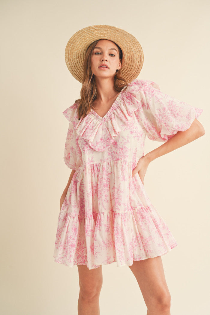 Off White Pink Ruffle V Neck Dress