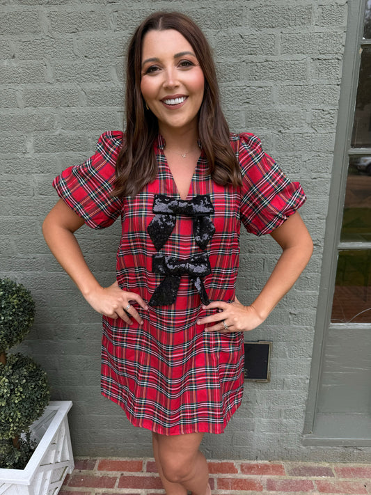 Red Tartan Sequin Bow Dress