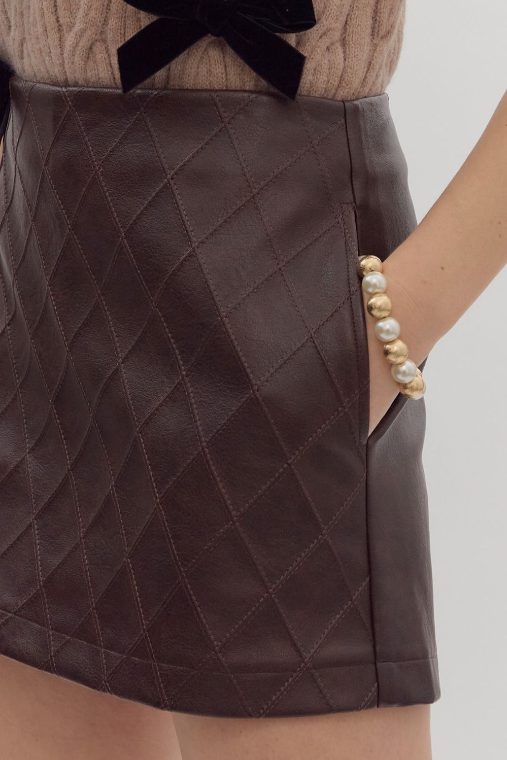 Brown Quilted Faux Leather Skort