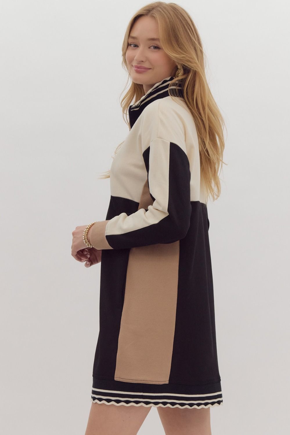 Black Colorblock Long Sleeve Dress