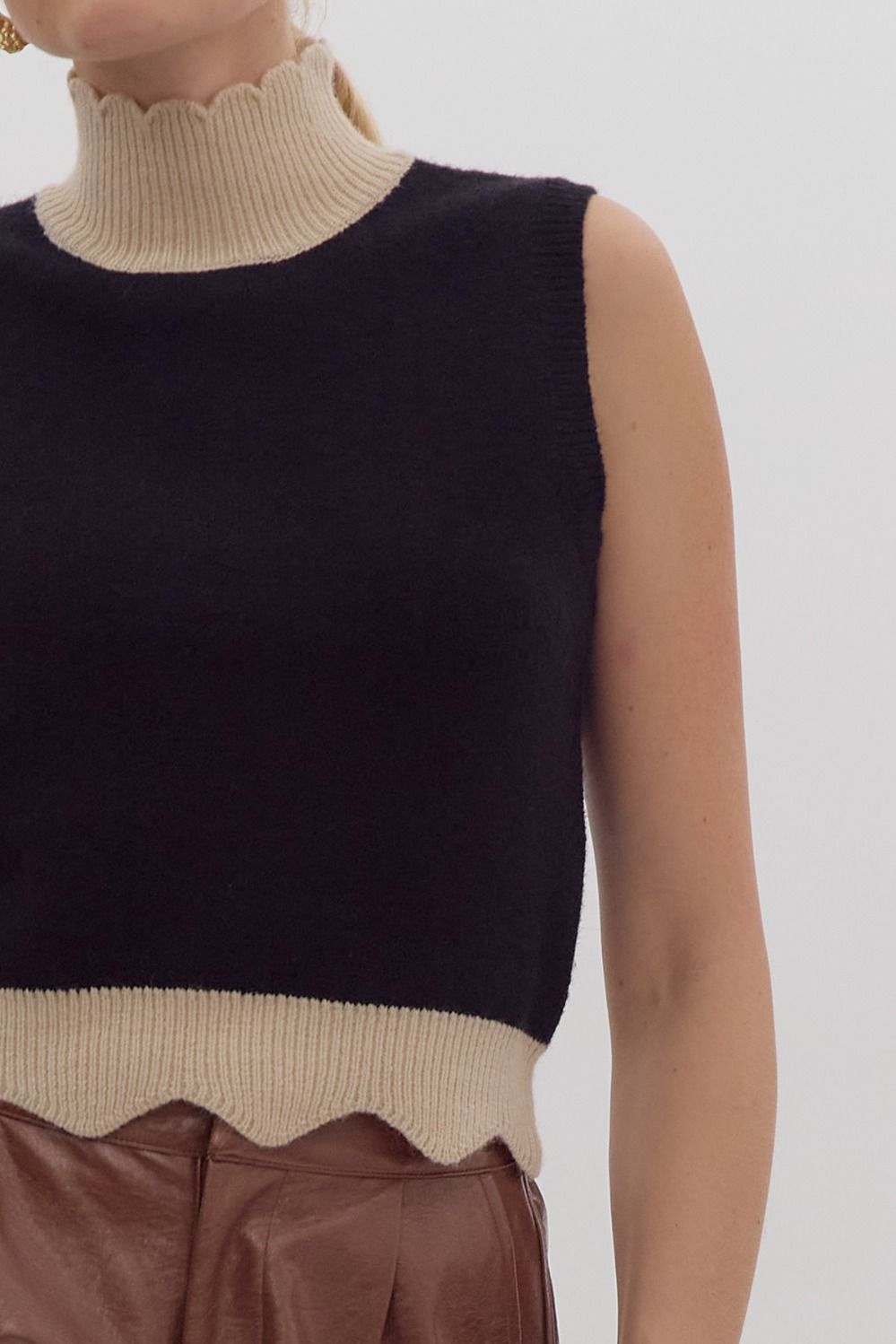 Black Turtleneck Scallop Sleeveless Sweater