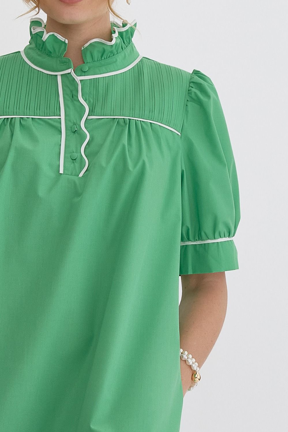 Kelly Green High Neck Ruffle Detail Dress