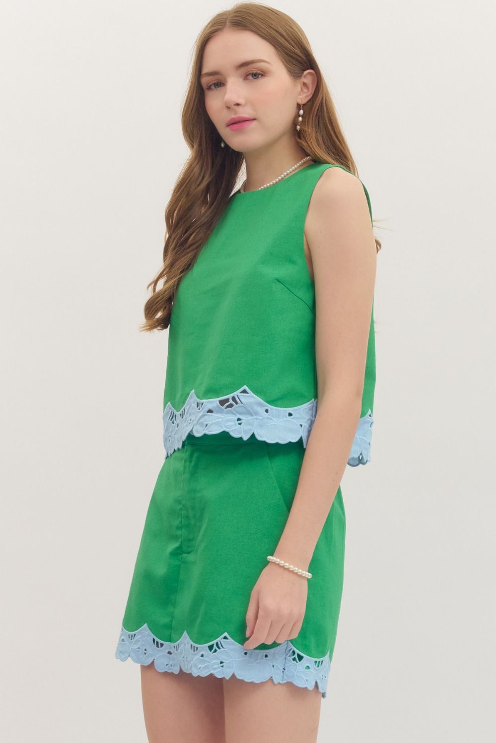 Green and Blue Lace Trim Skort Set