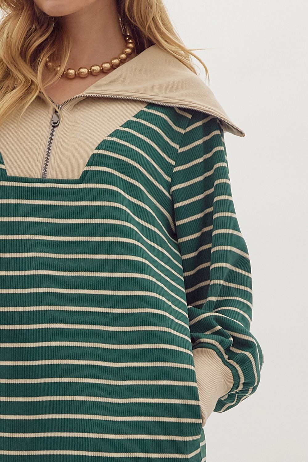 Green Stripe Ribbed Half Zip Over Sized Collar Dress