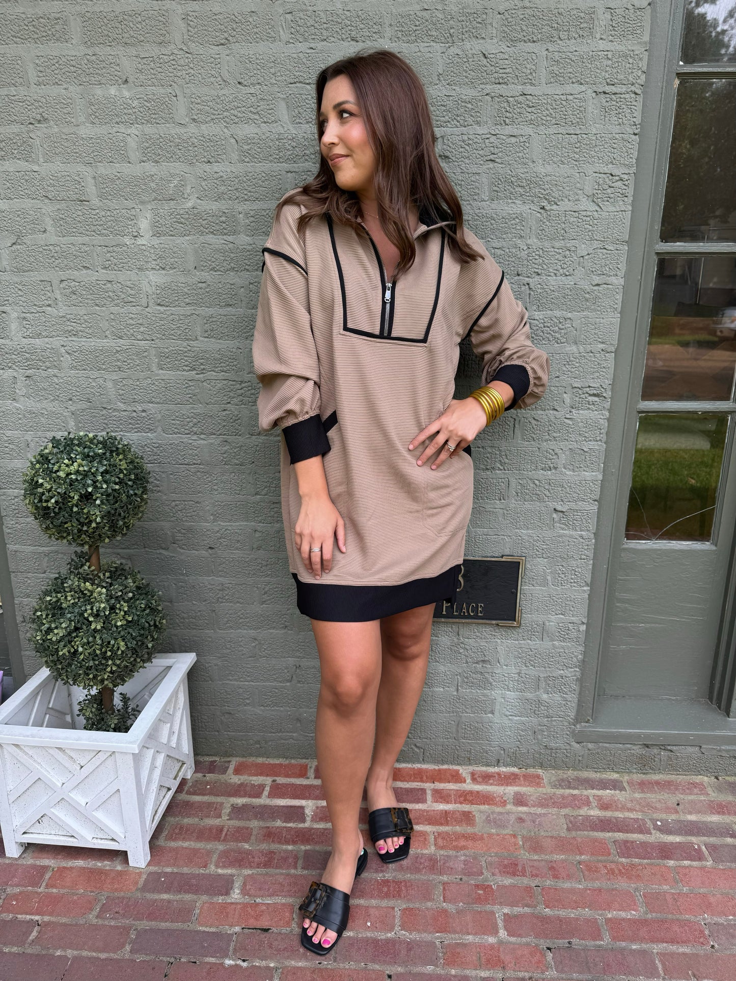 Mocha Half Zip Ribbed Collar Dress