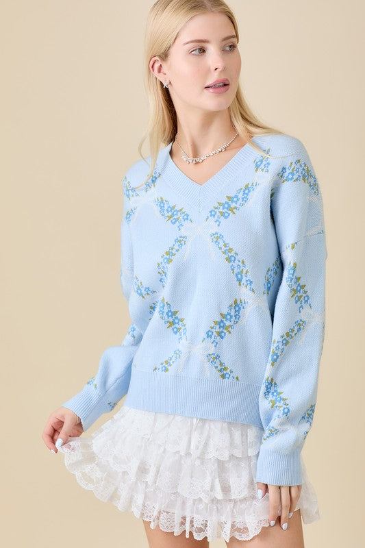 Light Blue Floral Ribbon Print Sweater