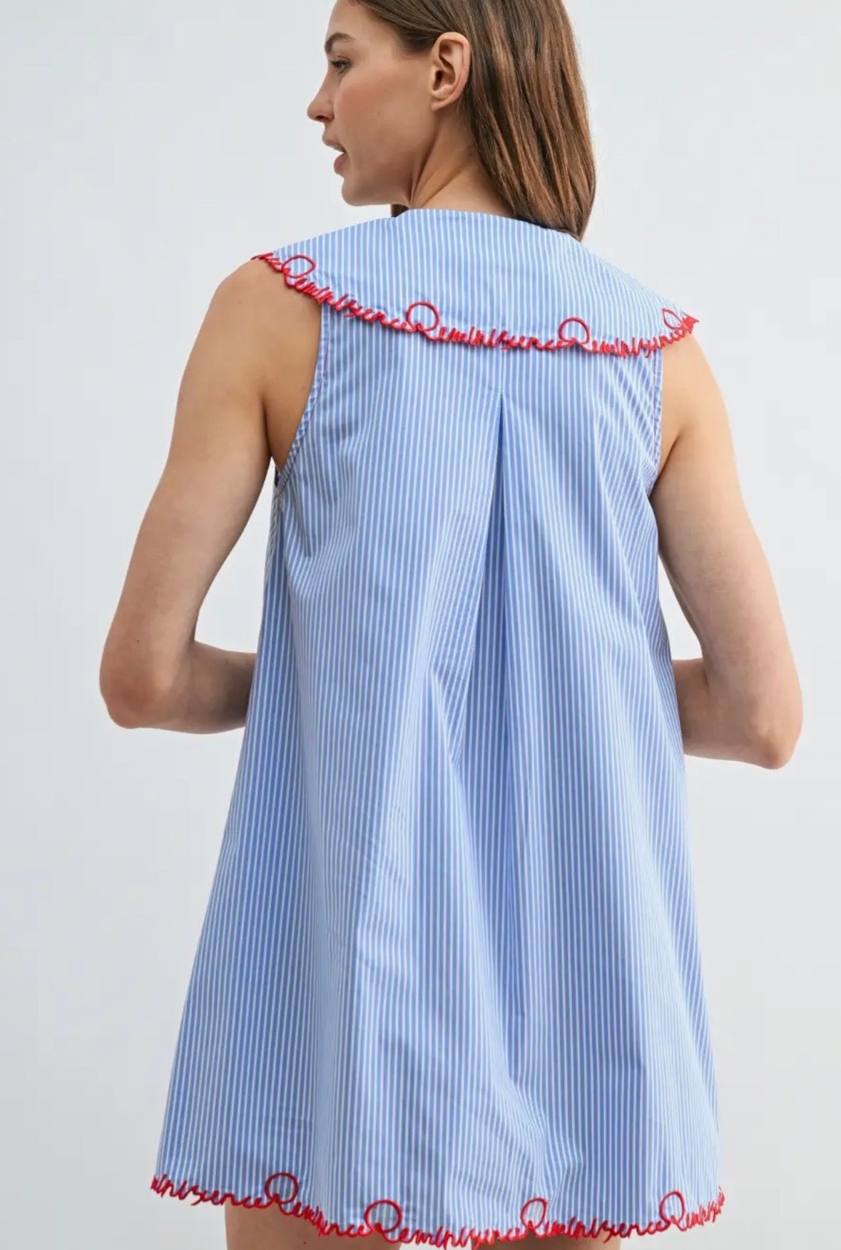 Red and Blue Embroidered Collar Shift Dress