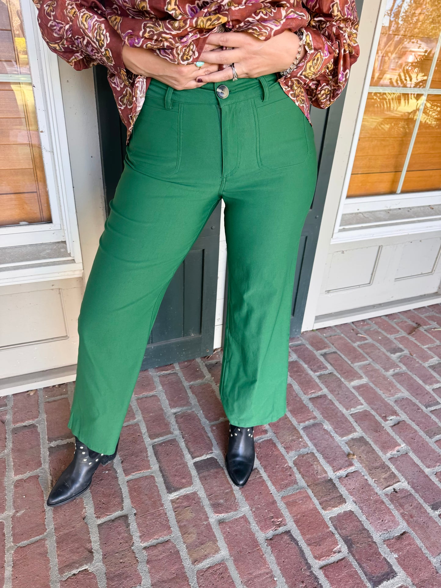 Green High Rise Slim Boot Cut Trousers
