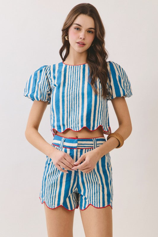 Blue Striped Scalloped Short Set