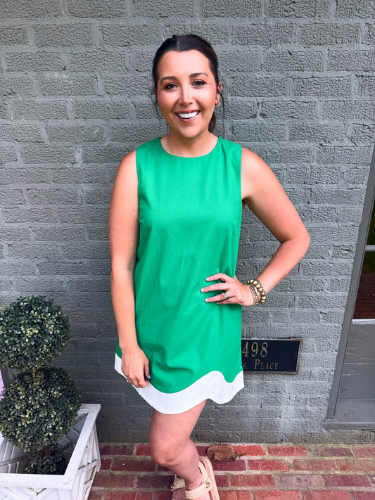 Green Sleeveless Linen Dress with Contrast Panel