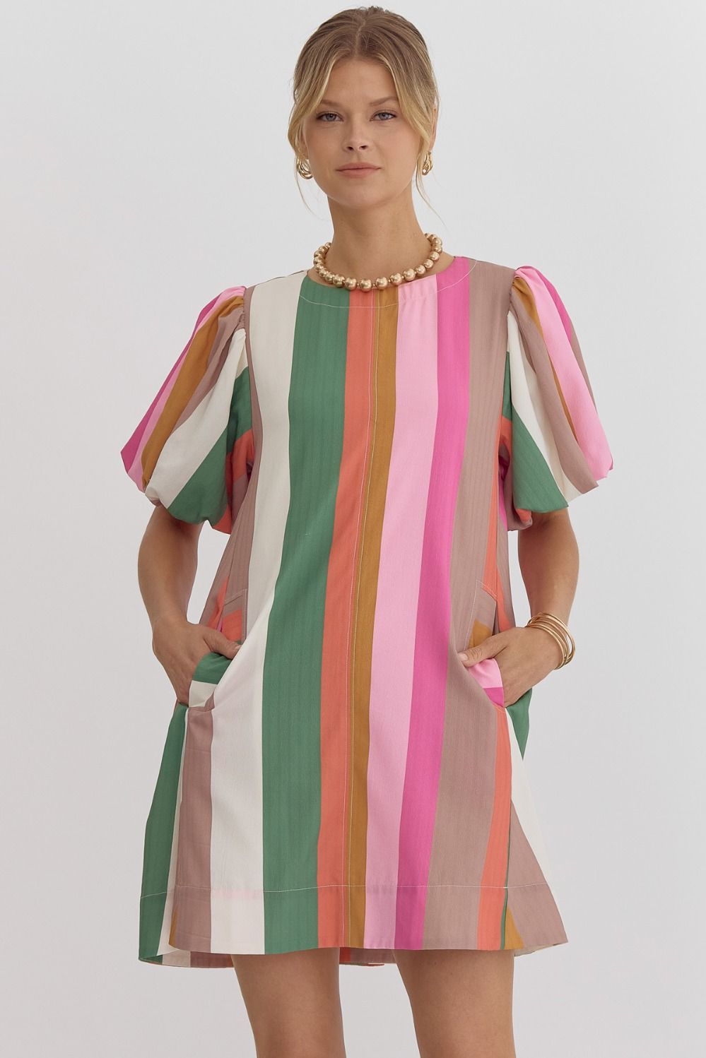 Multi Striped Bubble Sleeve Dress