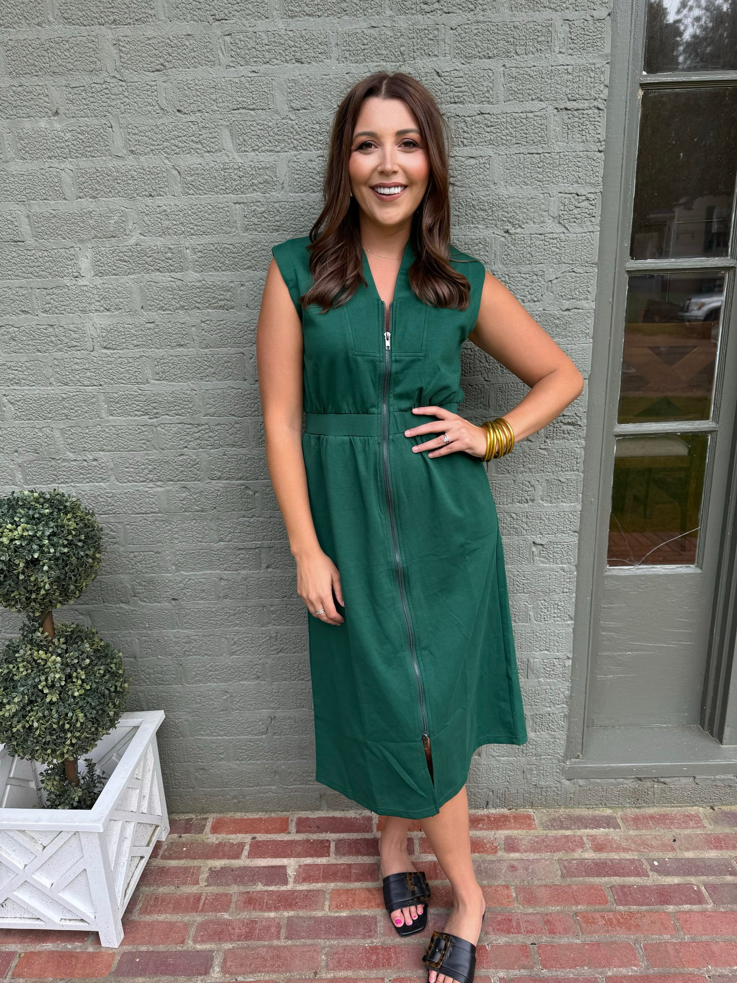 Green Sleeveless Zip Up Midi