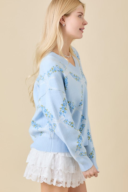 Light Blue Floral Ribbon Print Sweater