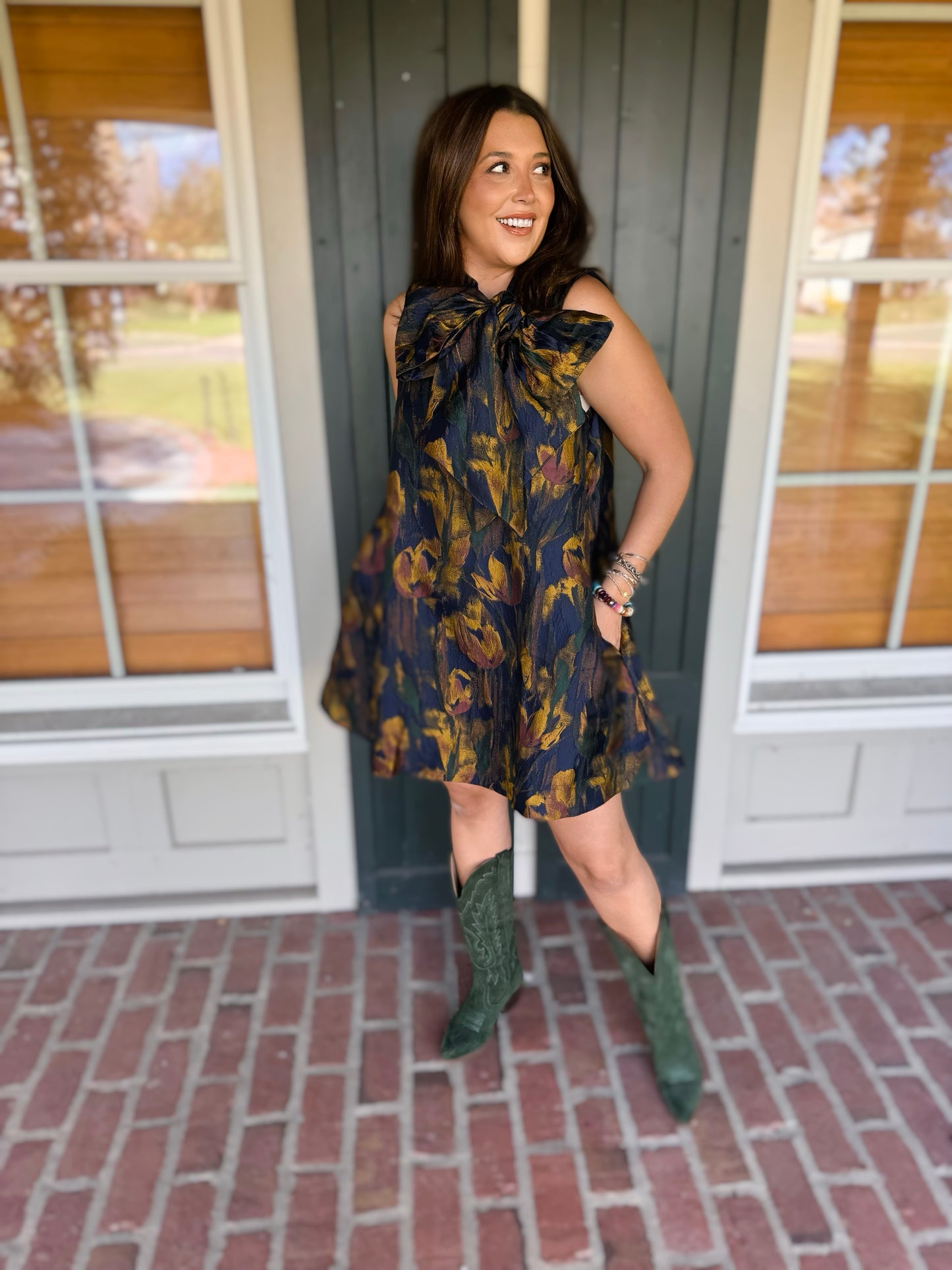 Mustard/Green Jacquard Tie Neck Sleeveless Dress