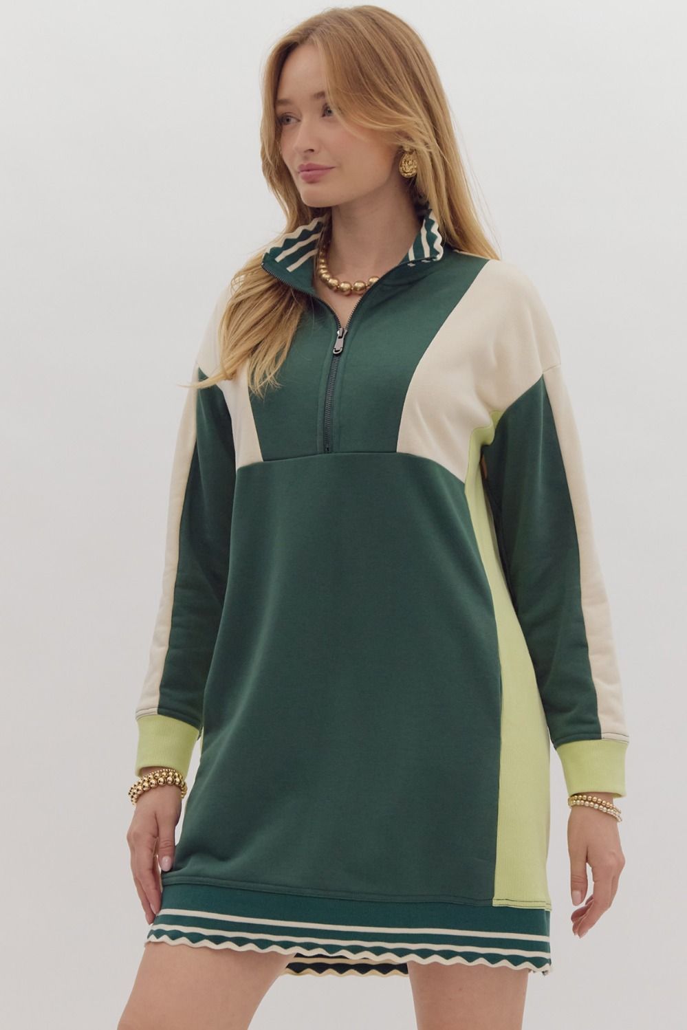 Green Colorblock Long Sleeve Dress